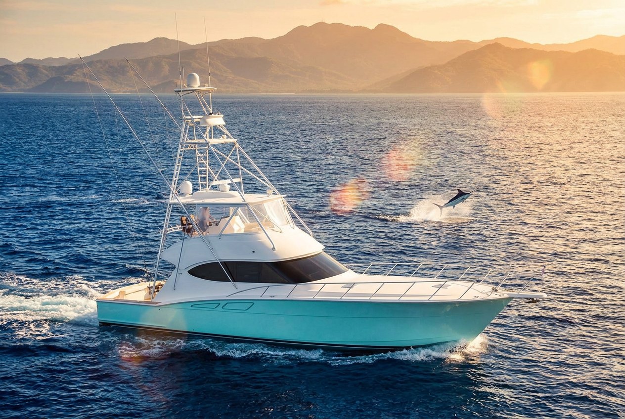 Aquarius — a 55-foot light-blue Hatteras sportfishing convertible chasing marlin off Ocho Rios at sunset