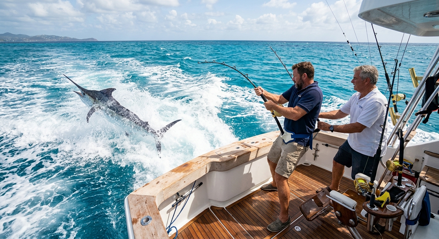 Anglers fighting a fish from the stern