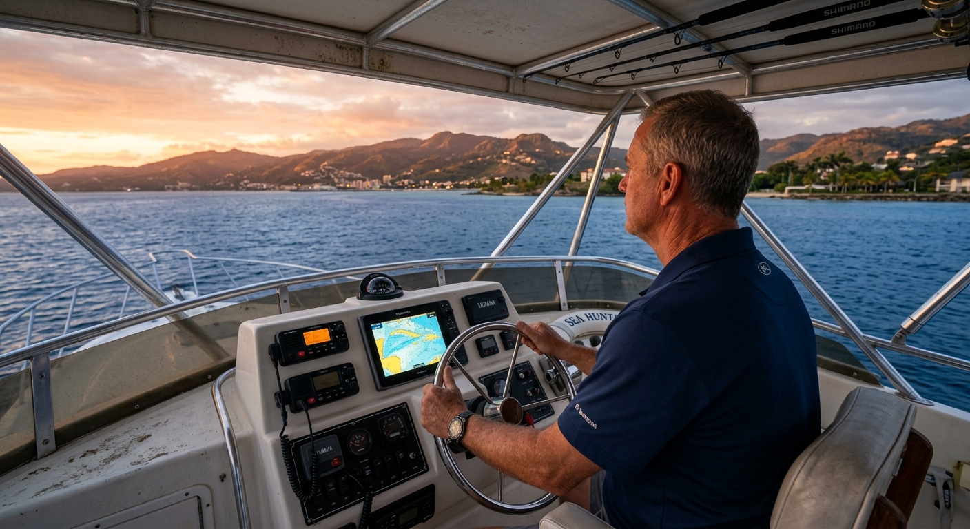 Captain at the flybridge helm